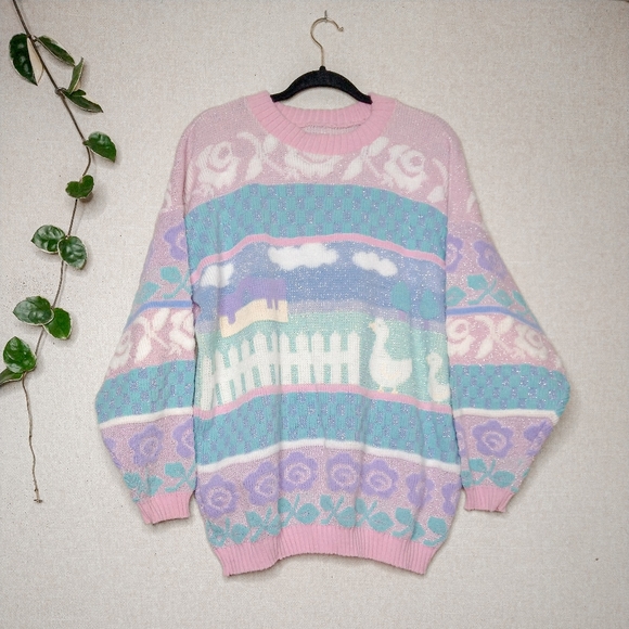 Vintage Sweaters - RARE Vintage 80s Fairy Kei Rose Pink Duck Goose Farm Metallic Landscape Sweater